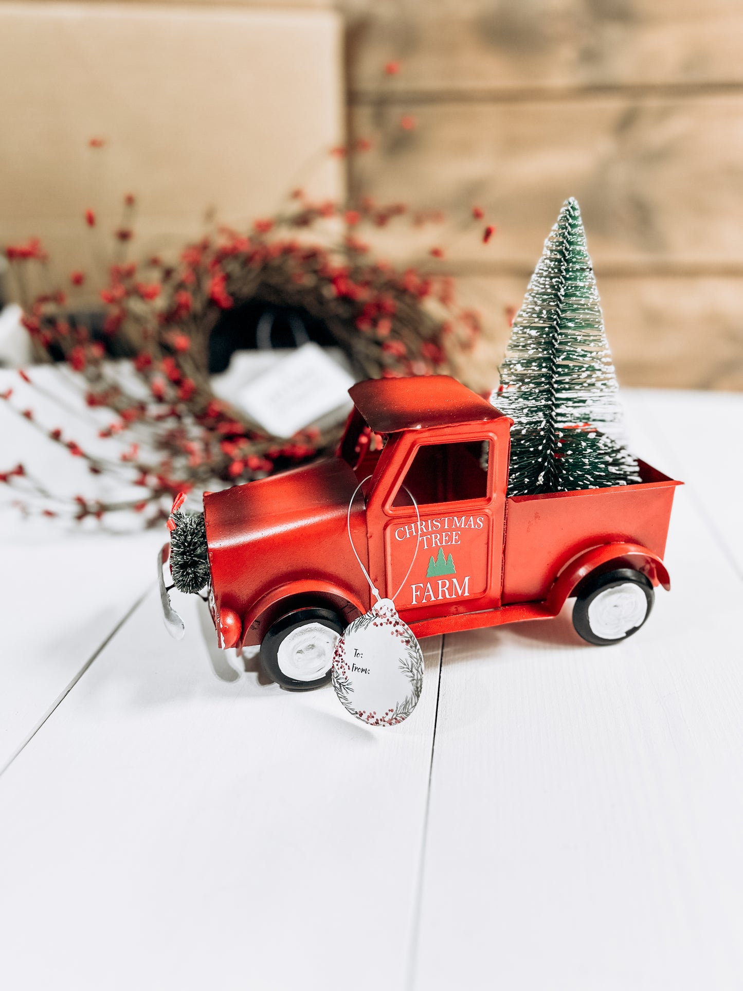 Classic Christmas Farmhouse Truck & Red Berry Wreath Gift Set – Holiday Décor & DIY Add-On Gift